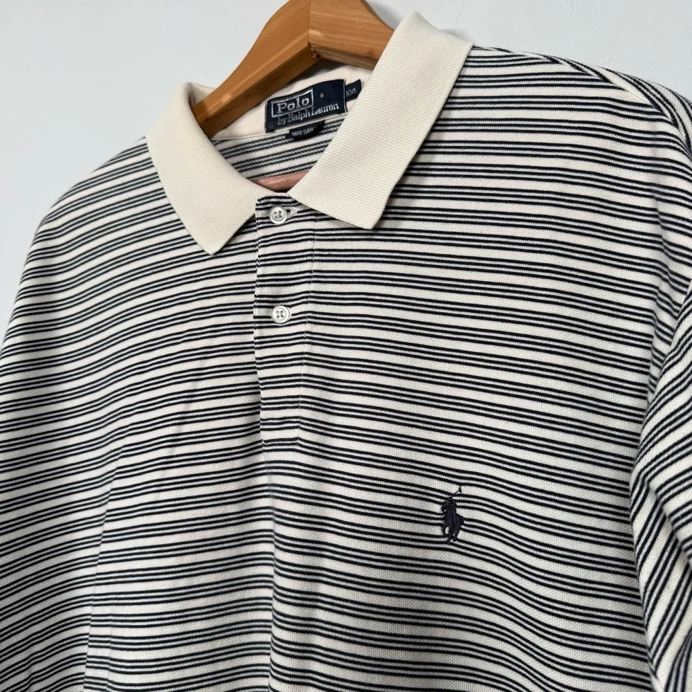 Ralph Lauren Men's Navy and Creme Striped Polo Shirt, 100% Cotton, Size XXL
